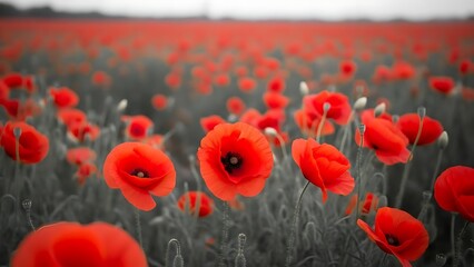 A futuristic conceptual scene of a vast field of vibrant red poppies