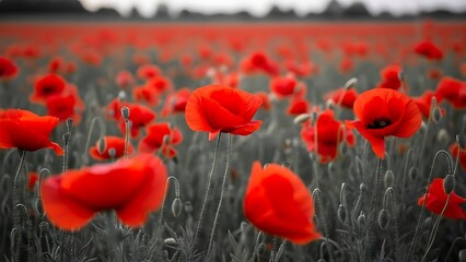 Cinematic landscape of vibrant poppy flowers swaying gently in the breeze across a serene field