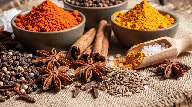 Variety of spices displayed in bowls and surrounding ingredients on cloth