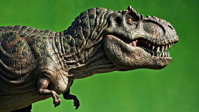 Tyrannosaurus dinosaur. Green background. Dinosaur head. Prehistoric creature. Animal illustration. Vector design. Monster. Fierce beast. Wild animal.