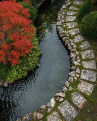 Serene garden path alongside a tranquil pond