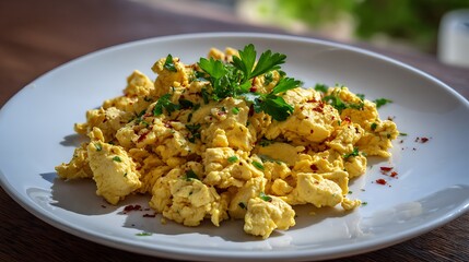 Plate of scrambled tofu with simple seasoning, natural lighting