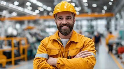 The Determined Engineer: Confident engineer poses with arms crossed, in a factory environment with his protective gear, embodying competence and reliability.