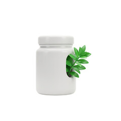 White plastic bottle with green leaves on transparent background