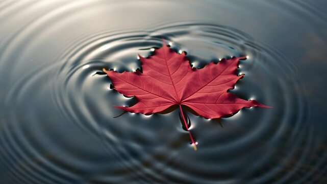 A single red maple leaf floats on the surface of dark water creating ripples.