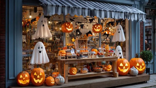 Spooky Halloween Storefront: A festive Halloween storefront, adorned with illuminated carved pumpkins, playful ghosts, and eerie decorations. Capturing the spirit of the season.