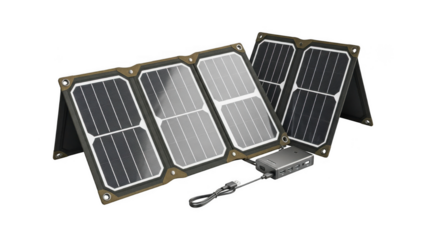 Portable solar panel with usb cable on transparent background for outdoor use