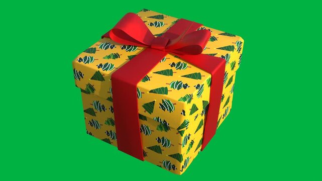 rotating gift box animation with tree pattern and red ribbon loop isolated on green screen background