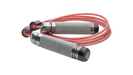 Jump rope with textured handles and red cord isolated on transparent background