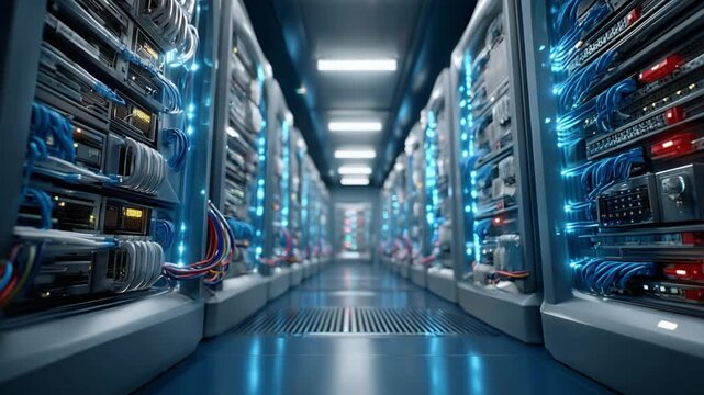 Data Center Corridor: A long, meticulously organized corridor within a cutting-edge data center, showcasing rows of high-performance servers, illuminated with cool, futuristic lighting.