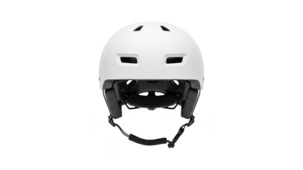 White helmet with black straps and buckle isolated on transparent background