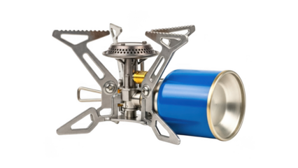 Portable camping stove with blue pot on transparent background