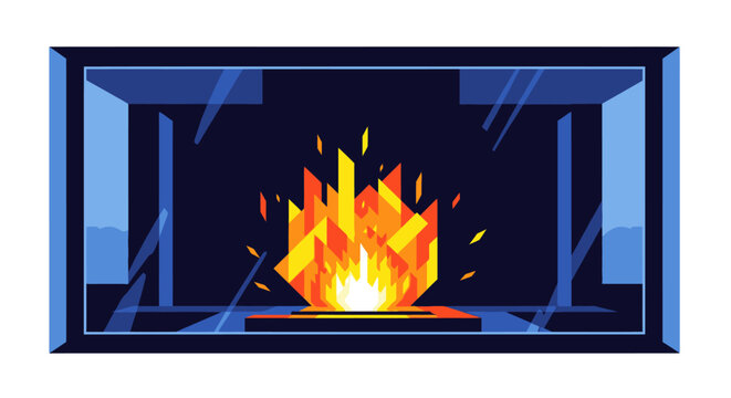 A vibrant, geometric illustration depicts a cozy, modern fireplace with abstract flames providing warmth and a contemporary aesthetic.