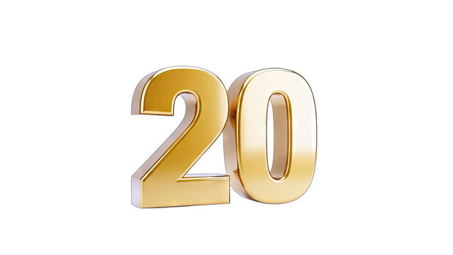 3D Golden number 20 isolated on white on transparent background