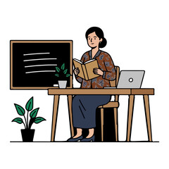 Female Teacher Reading Book at Desk with Blackboard Laptop and Plant Classroom Illustration