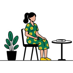 Young Woman Sitting in Floral Dress with Plant and Table Relaxed Home Illustration