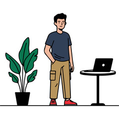Casual Young Man Standing by Laptop and Potted Plant Home Office Illustration