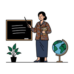 Female Teacher Teaching in Classroom with Blackboard Globe and Plant Illustration