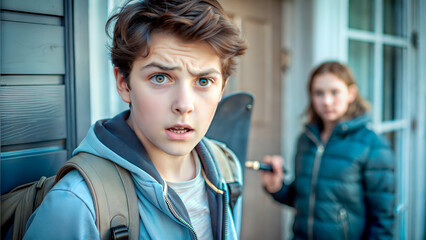 Teen arguing with parent outside the house looking surprised and concerned