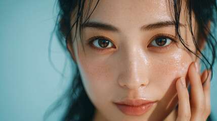 水色の背景とスキンケアする女性（生成AI)