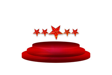 3d rendered illustration of a colourful podium with stars. Glowing star elements on podium and glitter light effects. 5 star on a tiered podium isolated on transparent background.