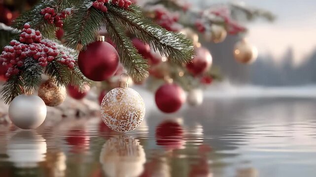 Christmas Decorations Reflected on Water Creating a Winter Festive Atmosphere