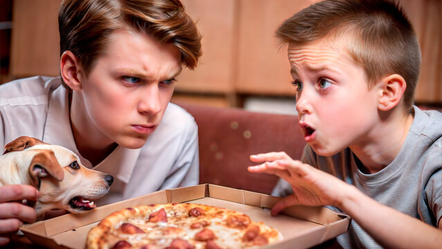 Arguing siblings with angry expressions fighting over a pizza box at home with a dog nearby