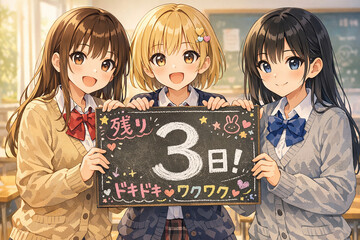 残り3日と書かれた黒板を持つアニメ美少女3人　カウントダウンと学校イベントのイラスト
