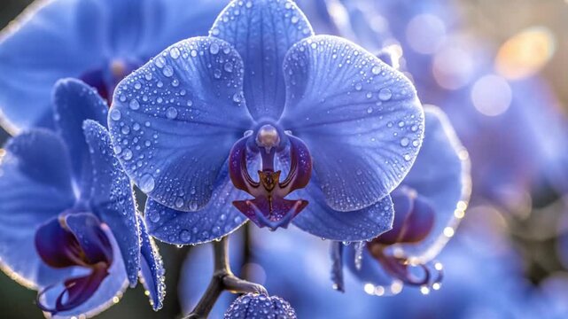 A close-up of vibrant blue orchids adorned with glistening water droplets reflecting light