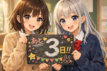あと3日と書かれた黒板を持つアニメ美少女2人　カウントダウンと学校イベントのイラスト
