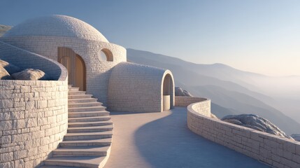 Circular hillside dwelling built from pale stone crowned with domed roof and skylight Curved steps ascend toward entry