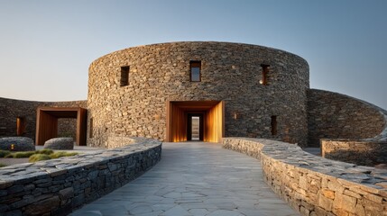 Circular stone tower residence crowned with steep wooden roof narrow slit windows aligned symmetrically Curved pathway trimmed stones
