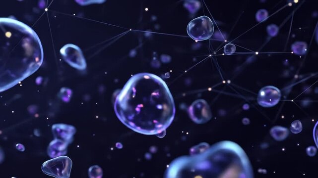 A dark background with floating, transparent, spherical bubbles interconnected with fine, white lines