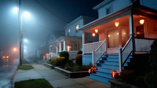Evening Row Houses in Misty: Captured is a row of charming houses in an evocative evening scene where the dim glow of streetlights pierces the misty atmosphere.