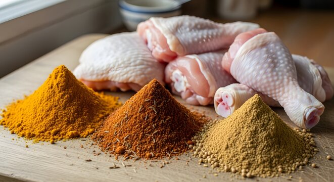 Spices (turmeric, cumin, coriander) next to chicken pieces.