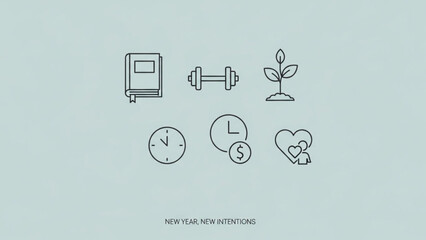 New year resolutions icons with book dumbbell plant clock and heart