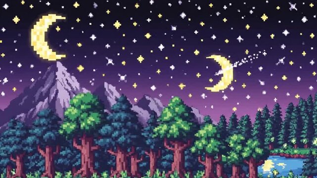 A serene pixel art landscape with mountains, trees, and a starry night sky featuring a crescent moon