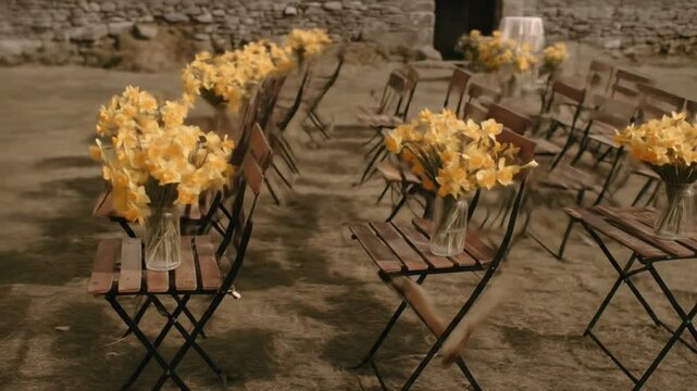 Outdoor scene of daffodils in glass vases on small wooden tables, arranged next to folding chairs