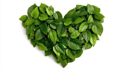 Fototapeta premium A vibrant heart shape meticulously crafted from fresh green leaves, symbolizing natures beauty, environmental love, and sustainable living on a clean white background.