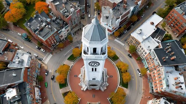 Aerial view of a Beautiful Clock Tower surrounded by a picturesque town: A stunning aerial perspective unveils a historic clock tower nestled in the heart of a charming town.