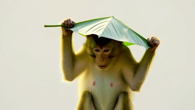 Monkey using oversized leaf as an umbrella incorrectly. video