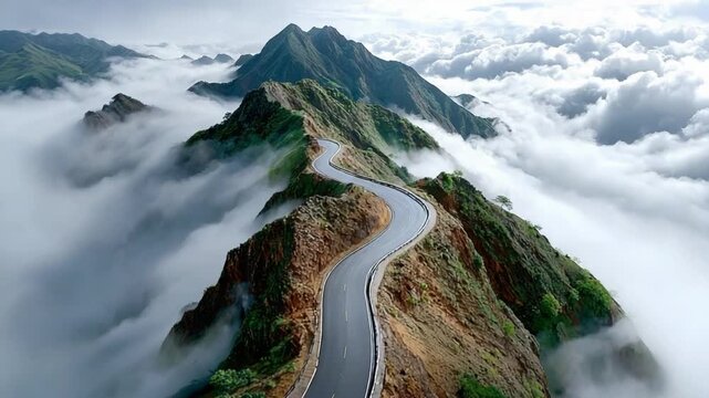 Scenic Mountain Road in Clouds: A winding road snakes its way along a mountain ridge, enveloped in a sea of clouds, offering breathtaking views of the surrounding landscape.