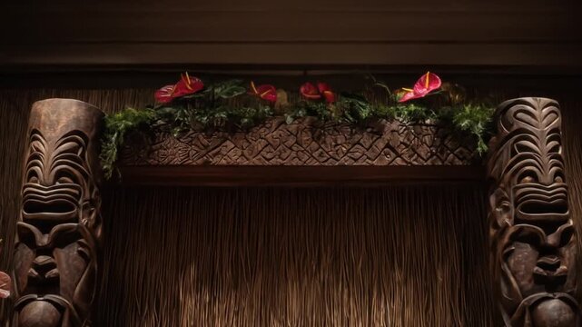A detailed image of a tiki-themed interior design with floral arrangement and two statues