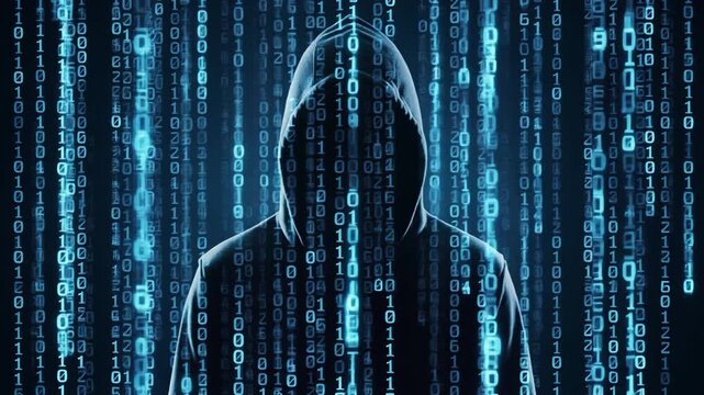 Digital Enigma Hooded Figure Amidst Cascading Binary Code, Representing Cybersecurity Threats, Anonymous Hacking, and Data Privacy
