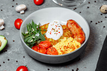 delicious potato pancakes with mushrooms and sausage