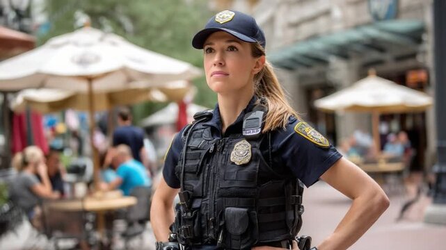 Courageous Protector: A determined police officer, stands ready on duty in a busy area, demonstrating strength and commitment to safety, symbolizing security and protection for community.