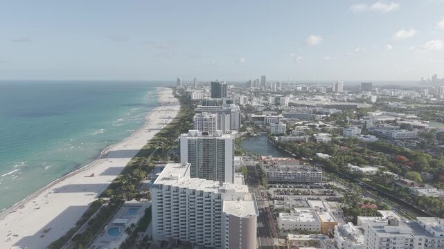 Miami Beach Florida USA, Panoramic Aerial View of Beachfront Buildings, Indian Creek, La Gorce Island, Drone Shot