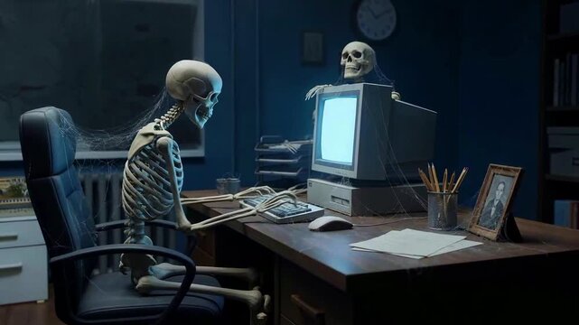 Skeletons working on computer in dark office environment at night, with eerie atmosphere and old technology visible.
