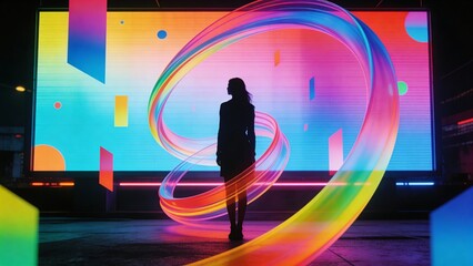 Dynamic urban nightscape featuring vibrant light trails and a silhouette against a digital screen. Ideal for nightlife-themed projects.