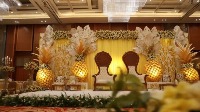 Formal event stage decor with large pineapple-shaped lights, flowers, stage setup, and chairs